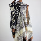 Ethnic Hand Painted Kalamkari Silk Wrap Natural Dyes Floral Dancing Divas Black 36x93