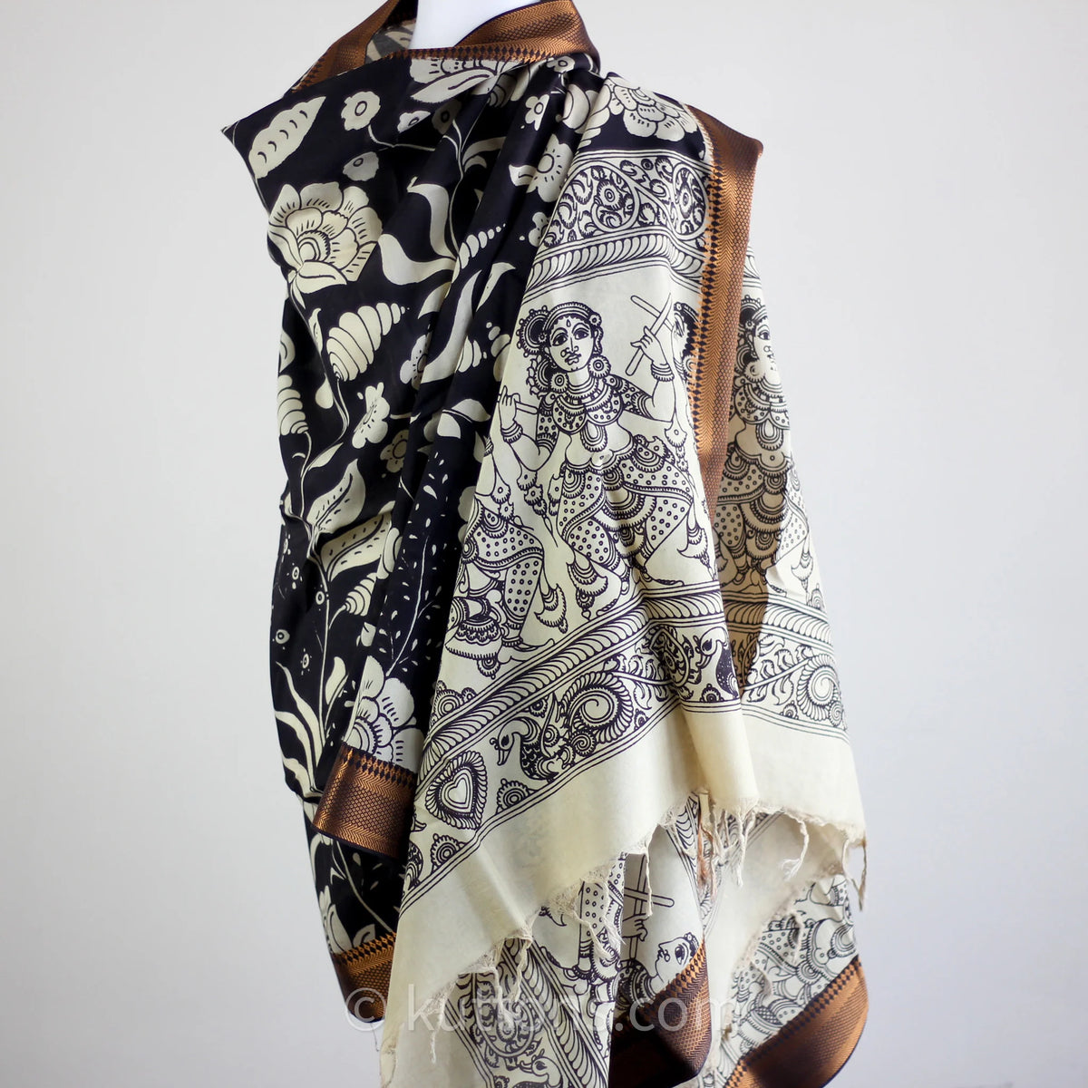 Ethnic Hand Painted Kalamkari Silk Wrap Natural Dyes Floral Dancing Divas Black 36x93