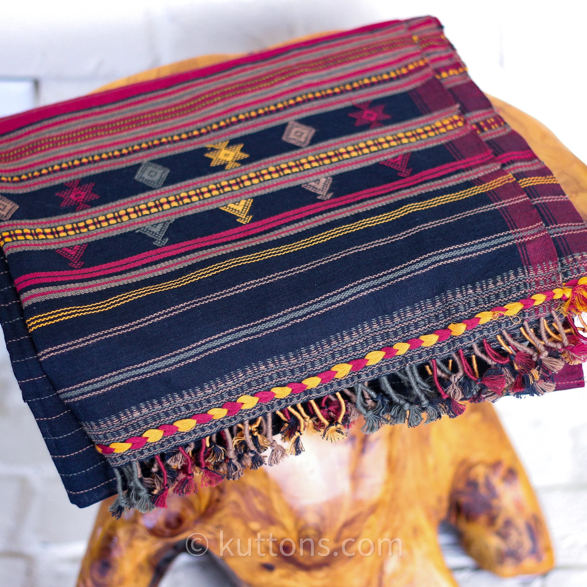 100 Cotton Wrap with Tassels Handwoven Bhujodi Stole Extra Weft Black Red Yellow 22x78