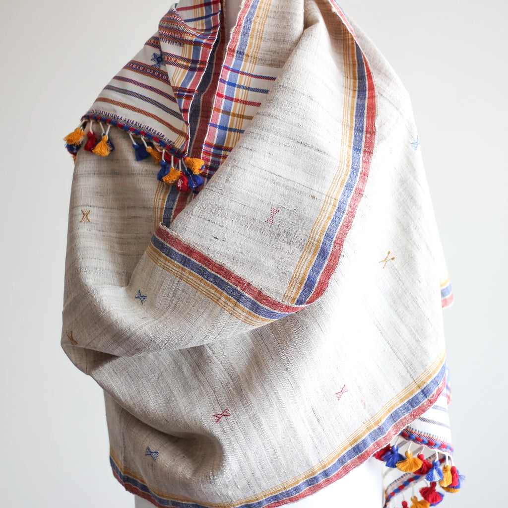 Handwoven Wrap from Handspun Tussar Silk Fine Cotton Colourful Tassels Beige Stole 24x86