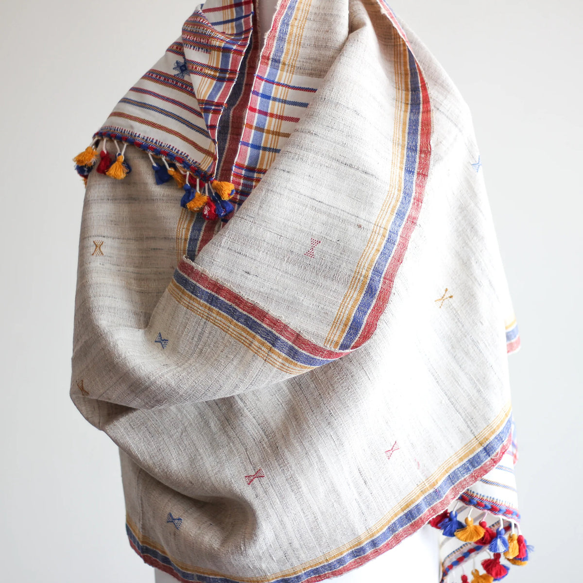 Handwoven Wrap from Handspun Tussar Silk Fine Cotton Colourful Tassels Beige Stole 24x86