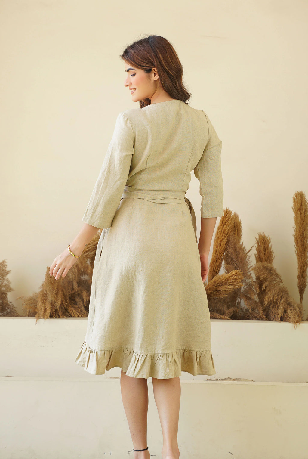 Natural Linen Wrap Dress with Frills Waist Belt Long Sleeve Linen Midi Dress with Pockets