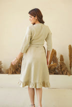Natural Linen Wrap Dress with Frills Waist Belt Long Sleeve Linen Midi Dress with Pockets