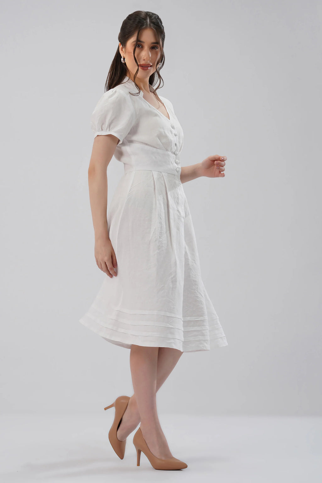 Puff Sleeve Linen Midi Dress with V Neck Button Front