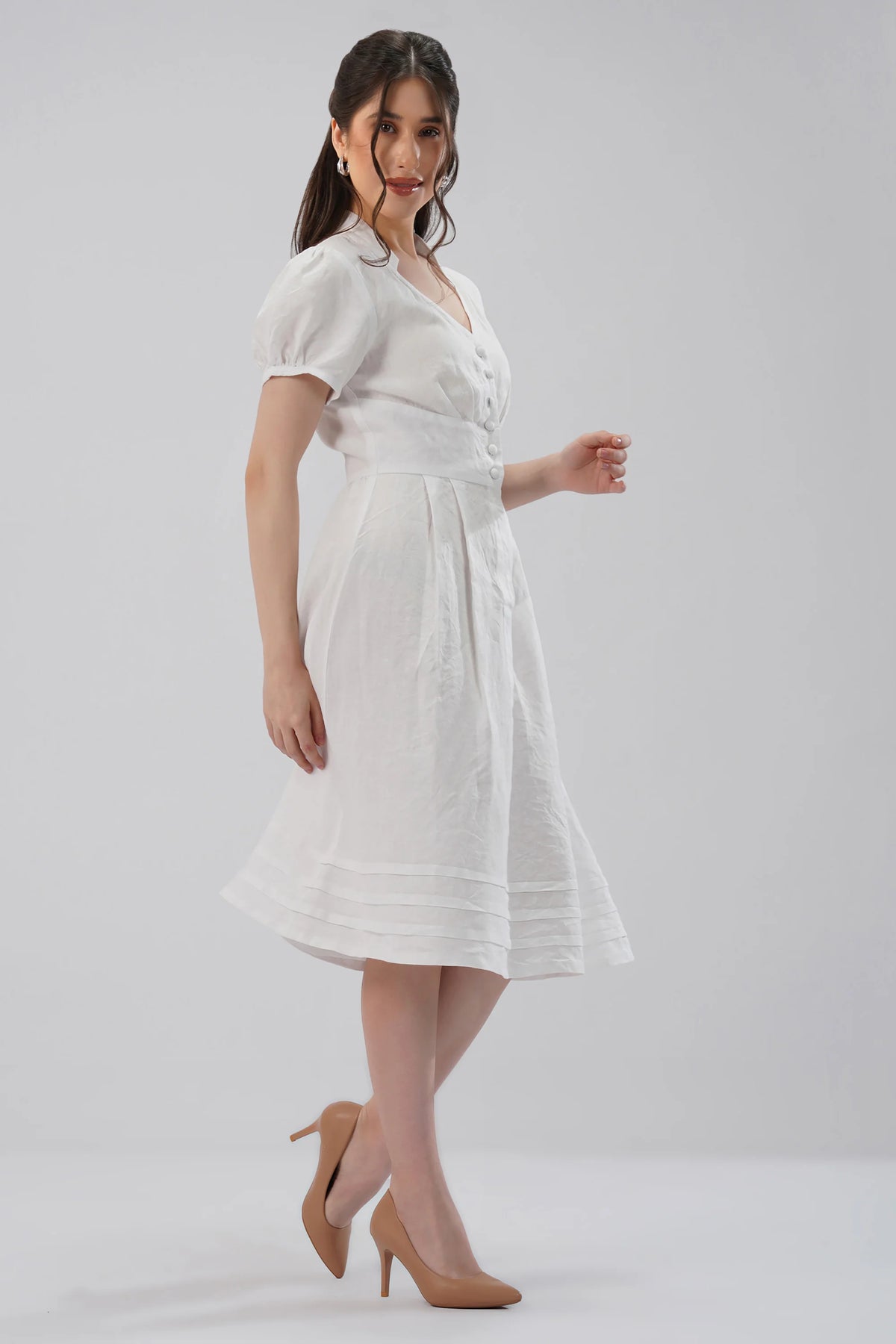 Puff Sleeve Linen Midi Dress with V Neck Button Front