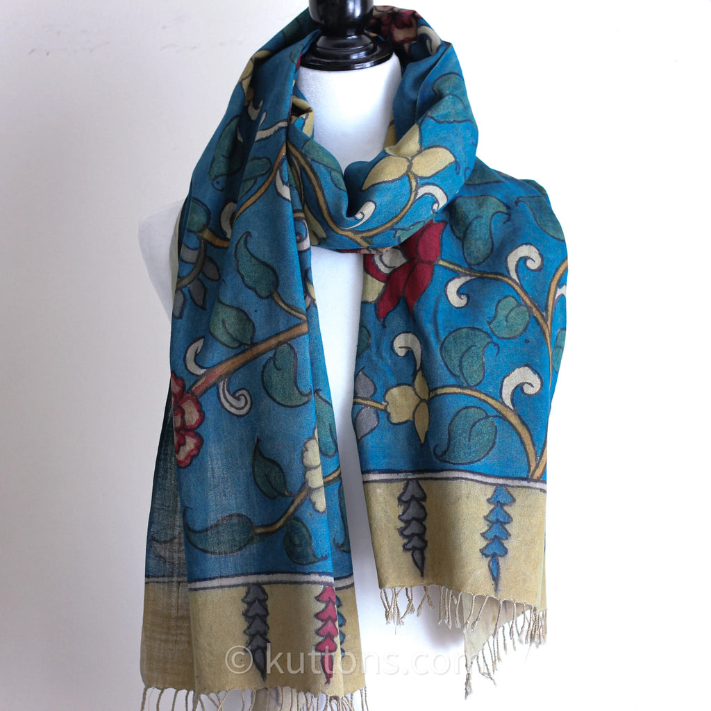 Ethnic Kalamkari Hand Painted Cotton Scarf Natural Colours Floral Blue 21x75