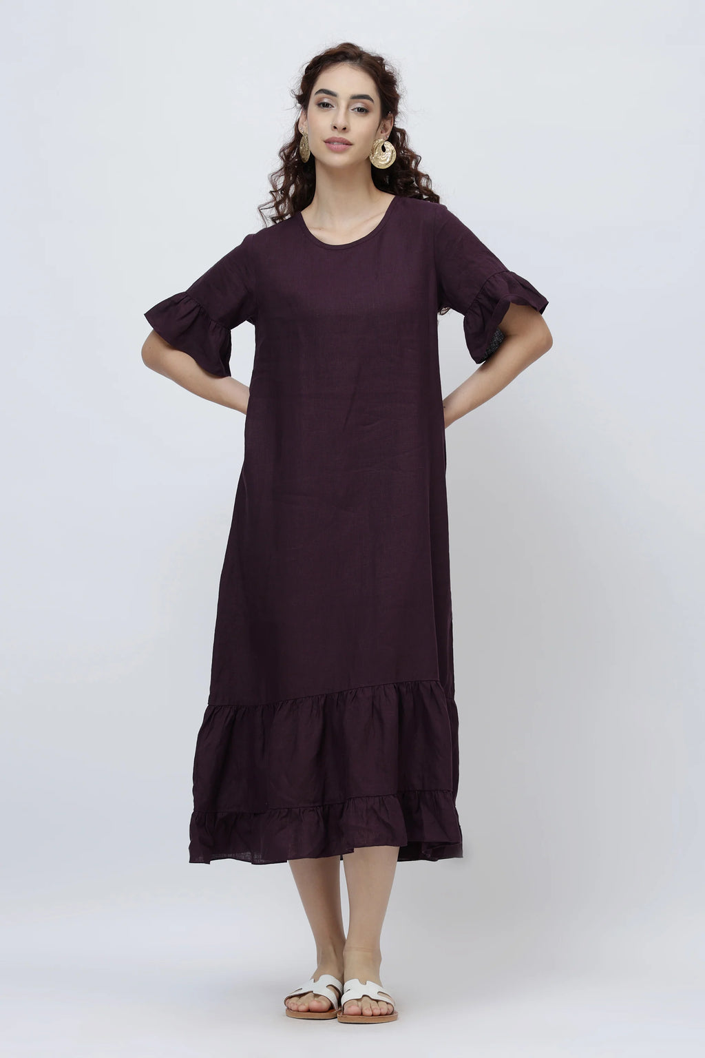 Ruffle Hem Linen Midi Dress Soft Flowing Midi