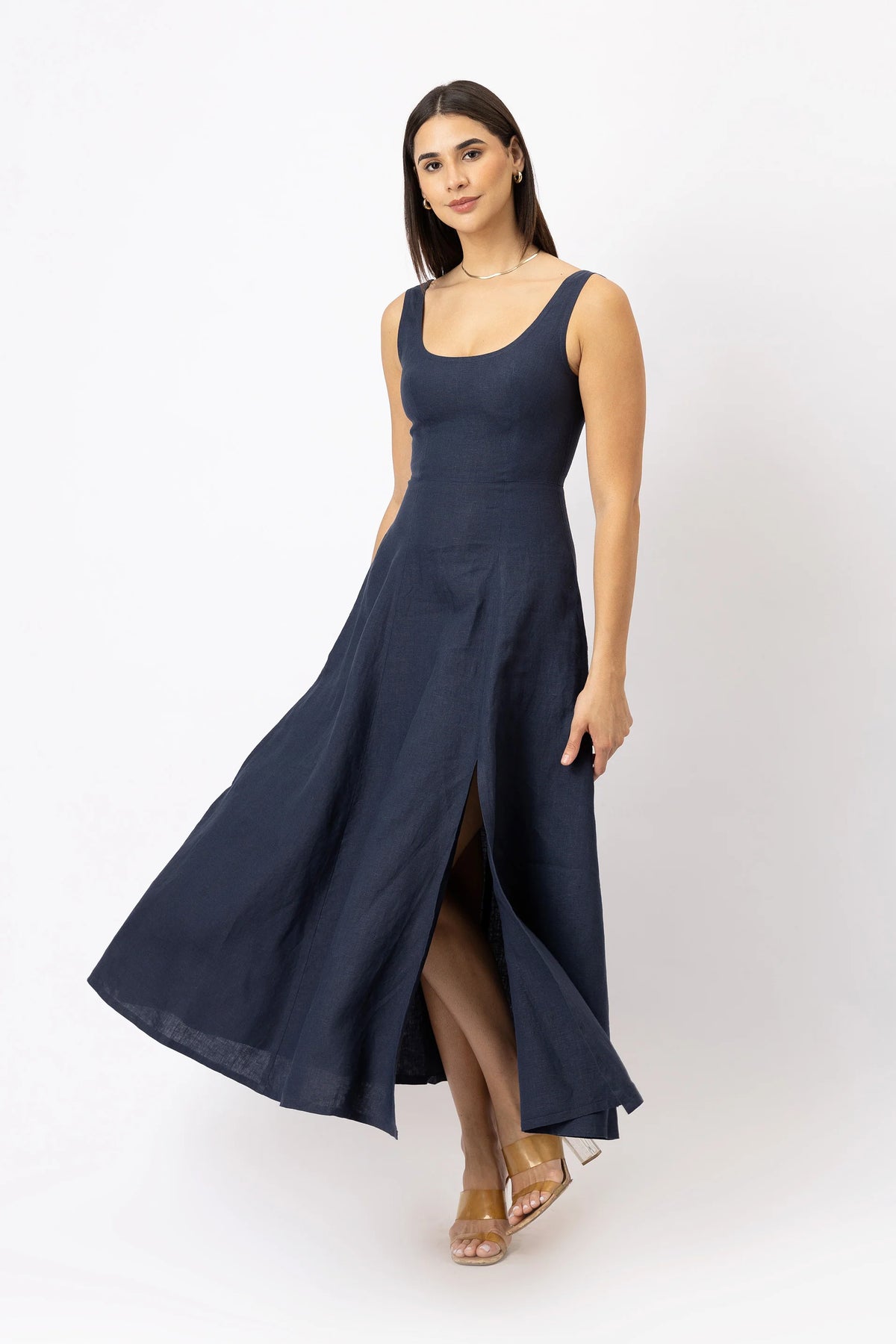 Linen Scoop Neck Maxi Dress with Side Slit