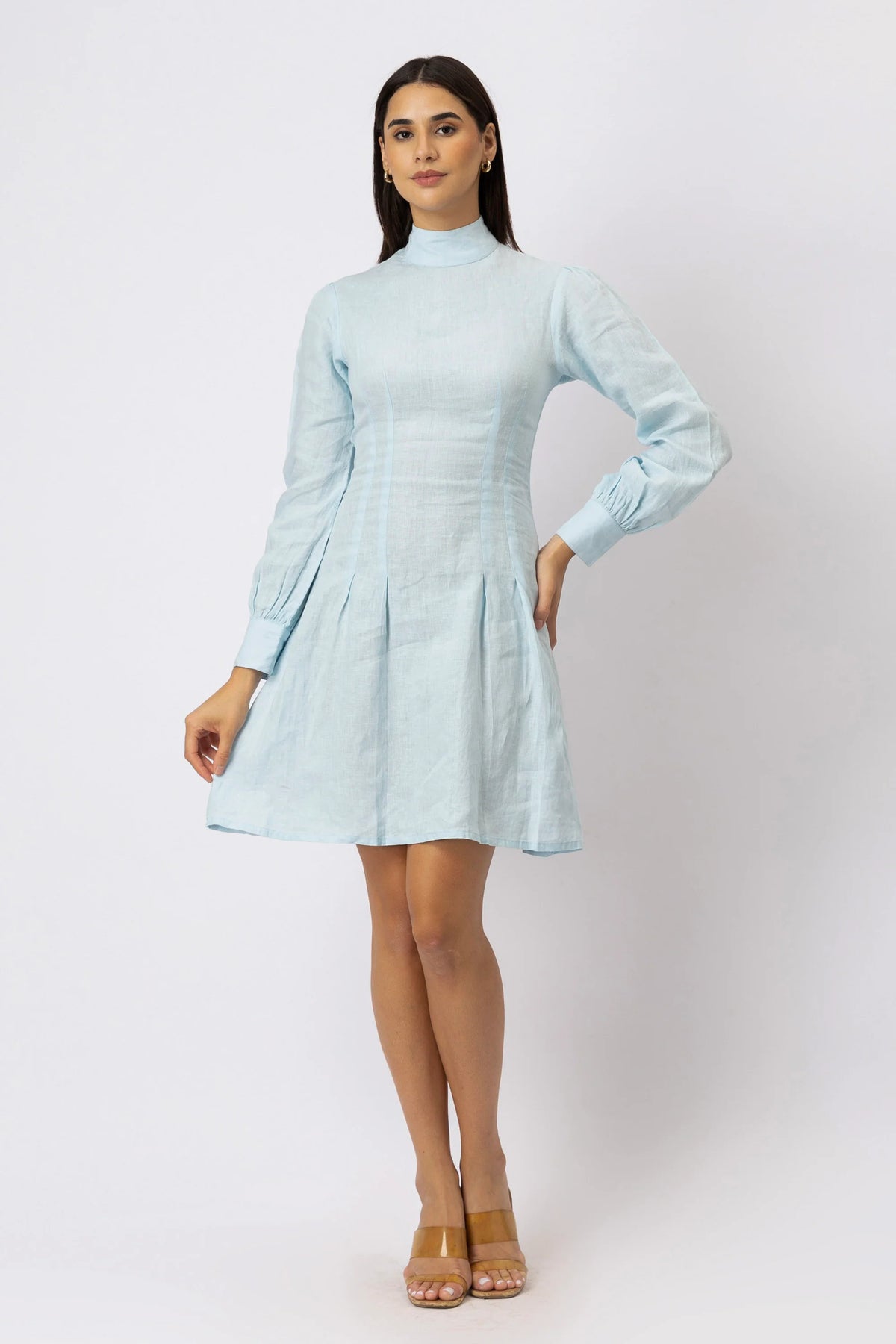 Mock Neck Pleated Mini Dress in European Linen