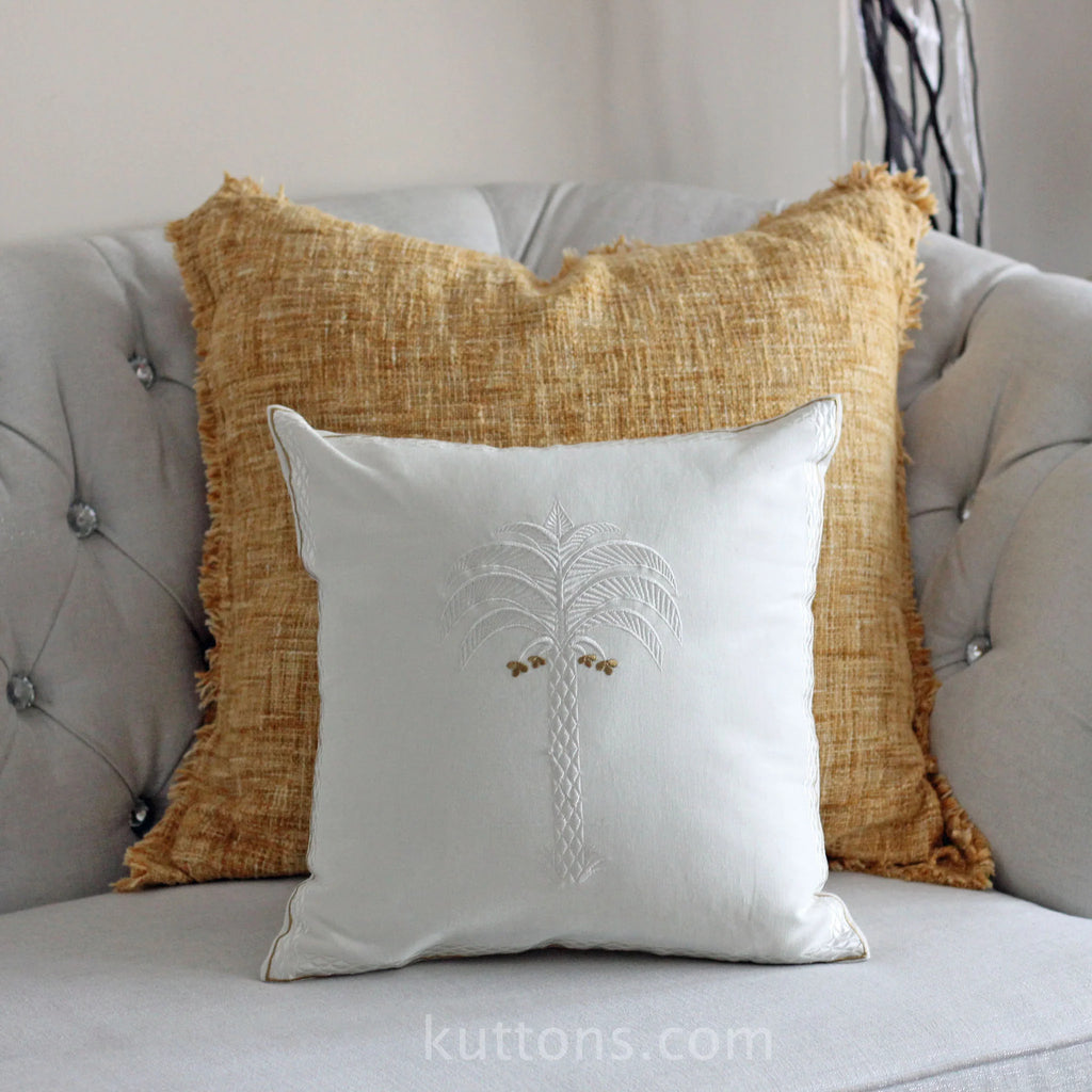 Calm Palm White Cotton Embriodered Decorative Linen Pillow Cover Chair Cushion 16x16