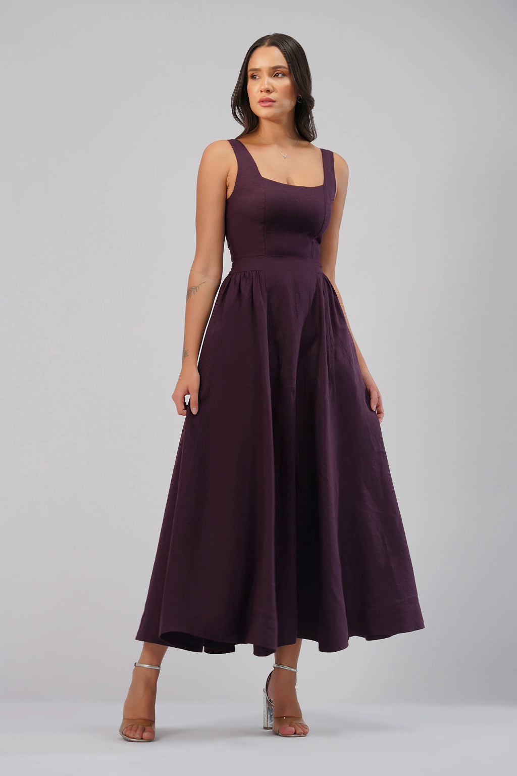 The Celeste Linen Occasion Dress Square Neck Sleeveless Full Length Linen Dress Open Scoop Back