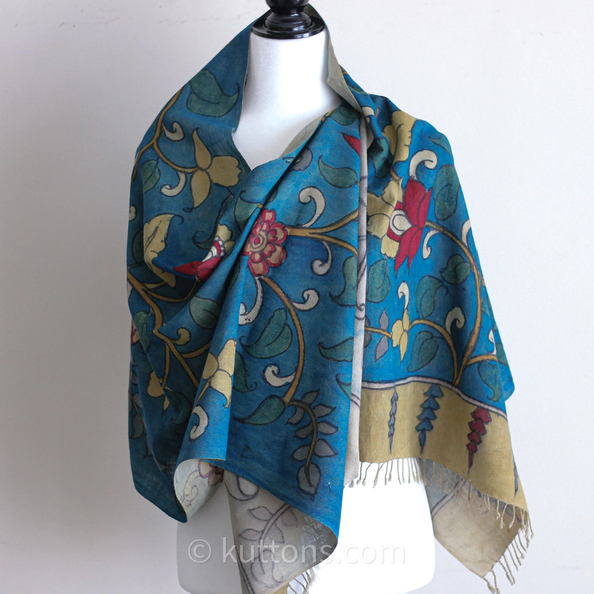 Ethnic Kalamkari Hand Painted Cotton Scarf Natural Colours Floral Blue 21x75
