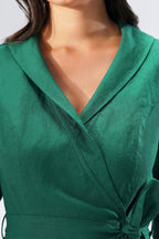 Wrap Linen Midi Dress with Collar Tie Waist Cross Over Waist Tailored Collar European Linen