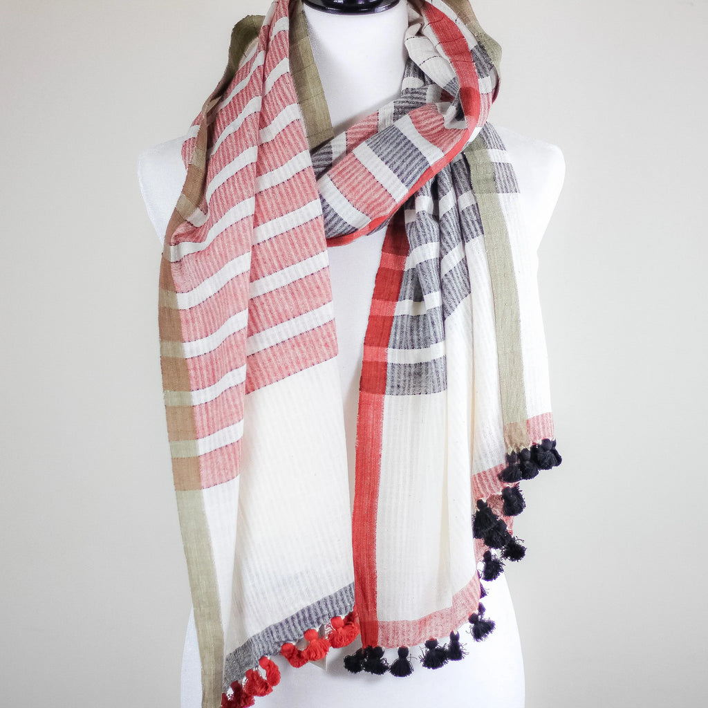 Naturally Dyed Hand Spun Hand Woven Organic Cotton Scarf Wrap White Red Gray 26x76