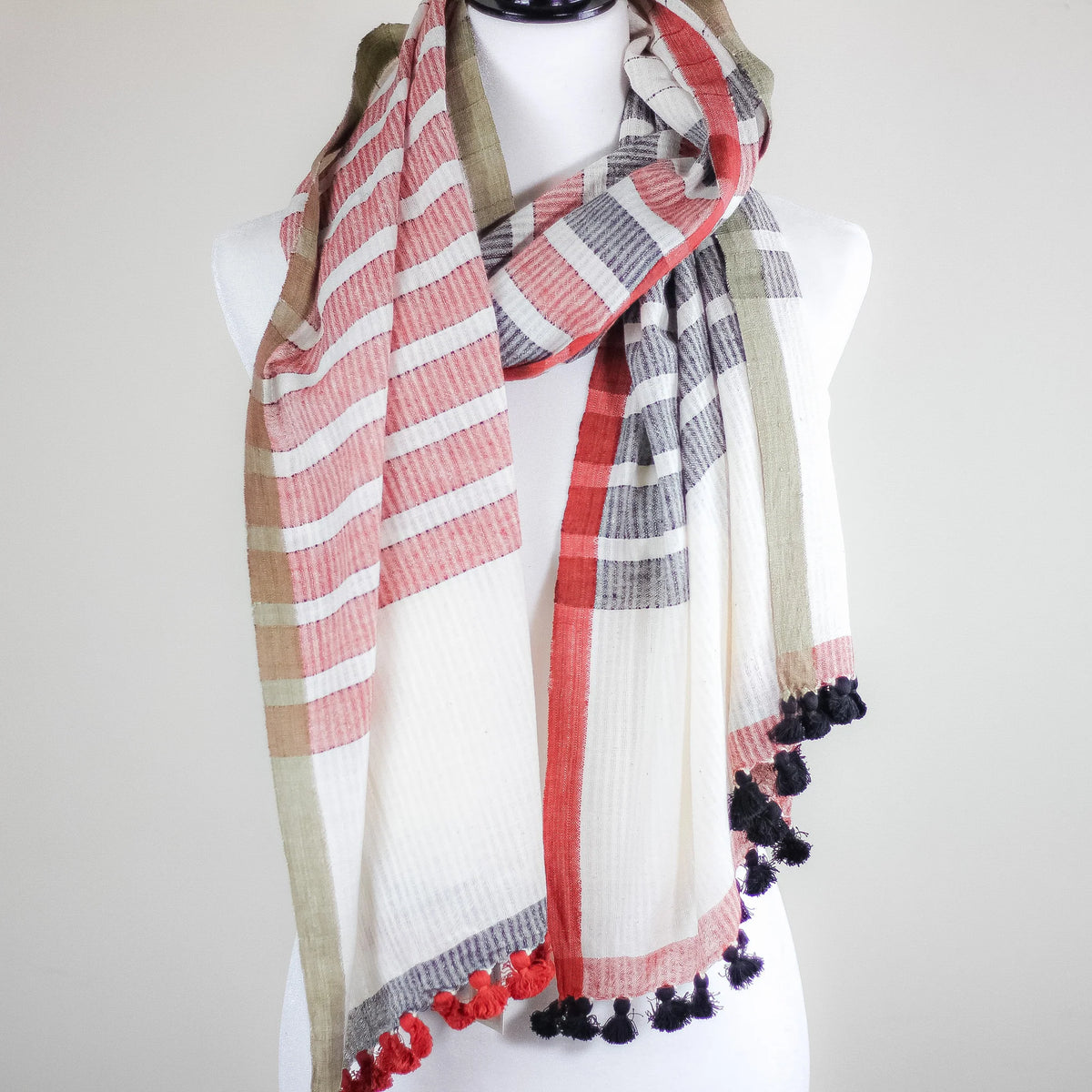 Naturally Dyed Hand Spun Hand Woven Organic Cotton Scarf Wrap White Red Gray 26x76