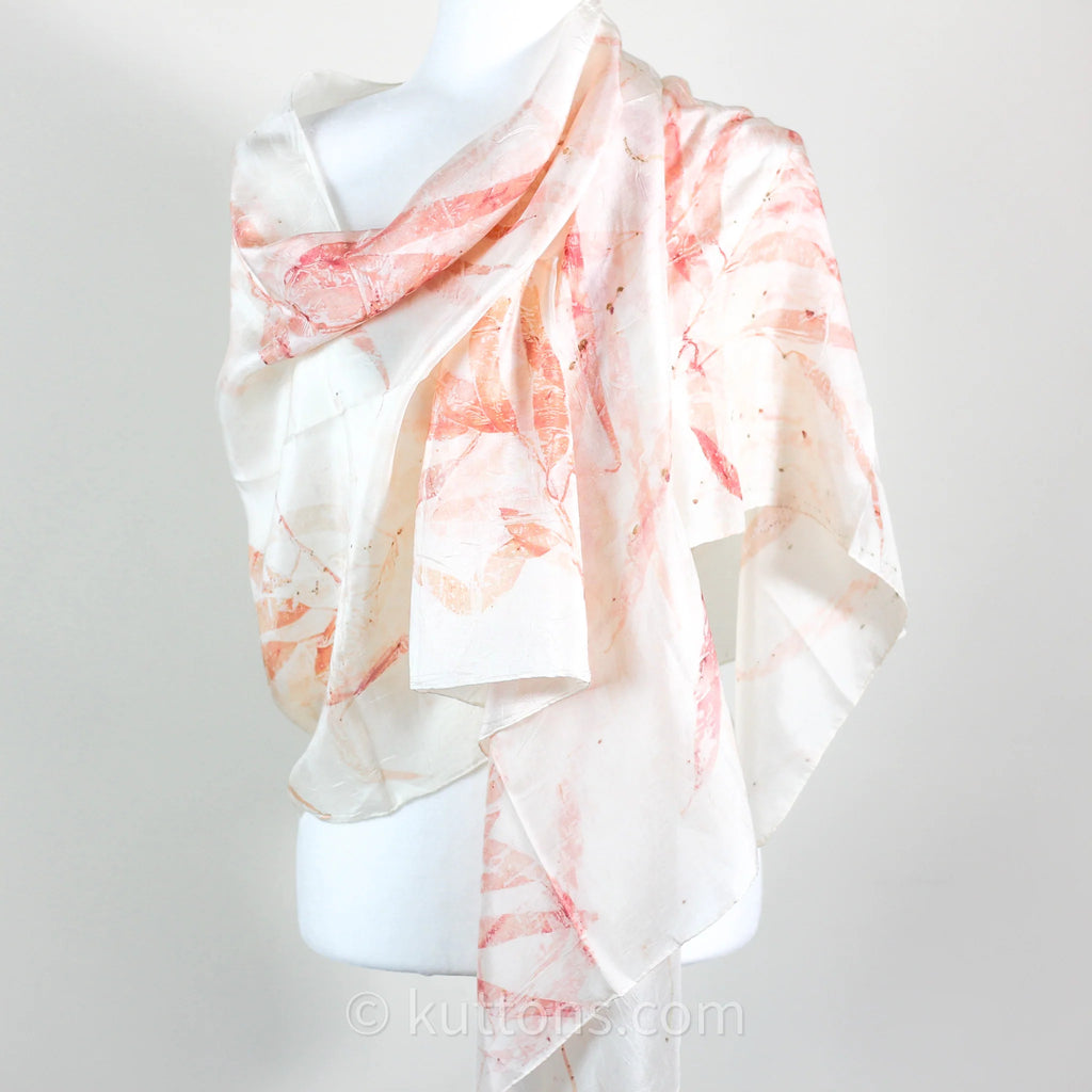 Natural Mulberry Silk Stole Eco Printed with Red Eucalyptus Leaves Featherweight Scarf Pink 21x72