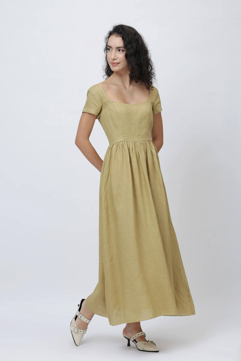 The Aria Linen Maxi Dress Square Neck Fitted Bodice