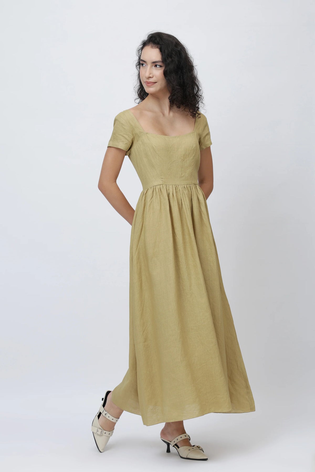 The Aria Linen Maxi Dress Square Neck Fitted Bodice