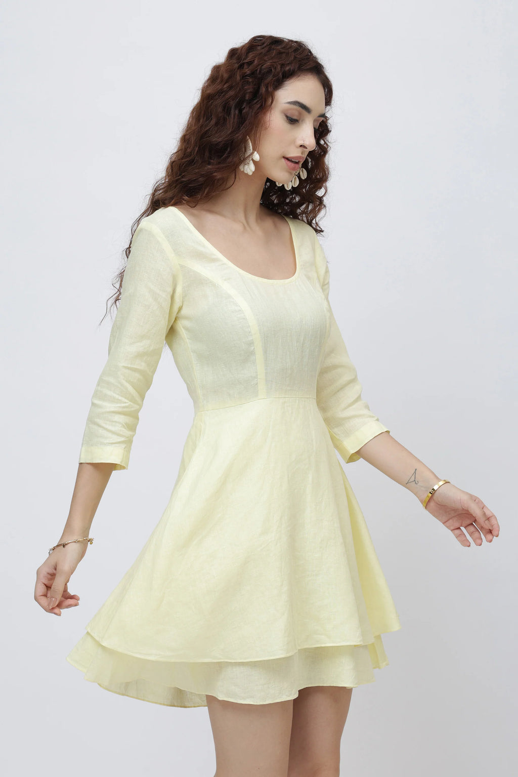 The Elara European Linen Dress Rich Double Layered Mini Skirt Dress Boat Neck