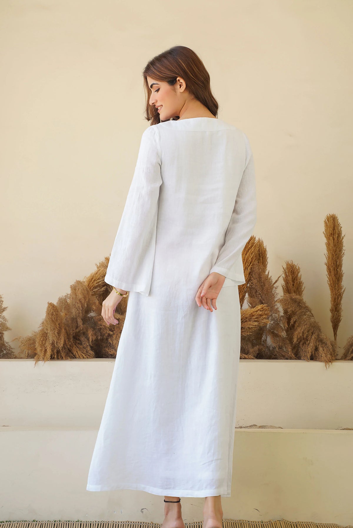 Linen Kaftan Dress Breezy White Pure Elegance Flowy Kaftan Maxi Dress with Full Sleeves Cotton Lining
