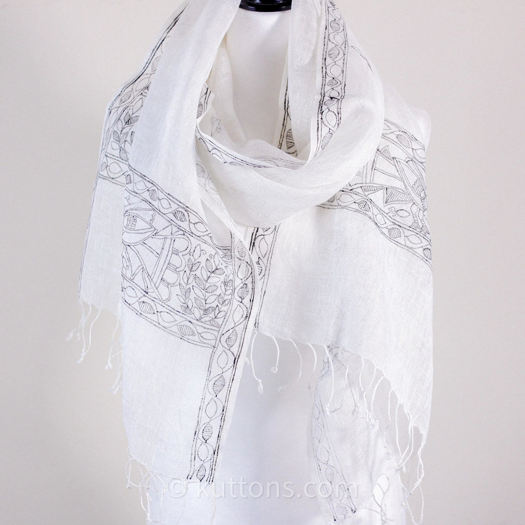 Ethnic Hand Painted Madhubani Scarf Linen Wrap White Black Peacock Motifs 20x80