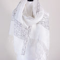 Ethnic Hand Painted Madhubani Scarf Linen Wrap White Black Peacock Motifs 20x80