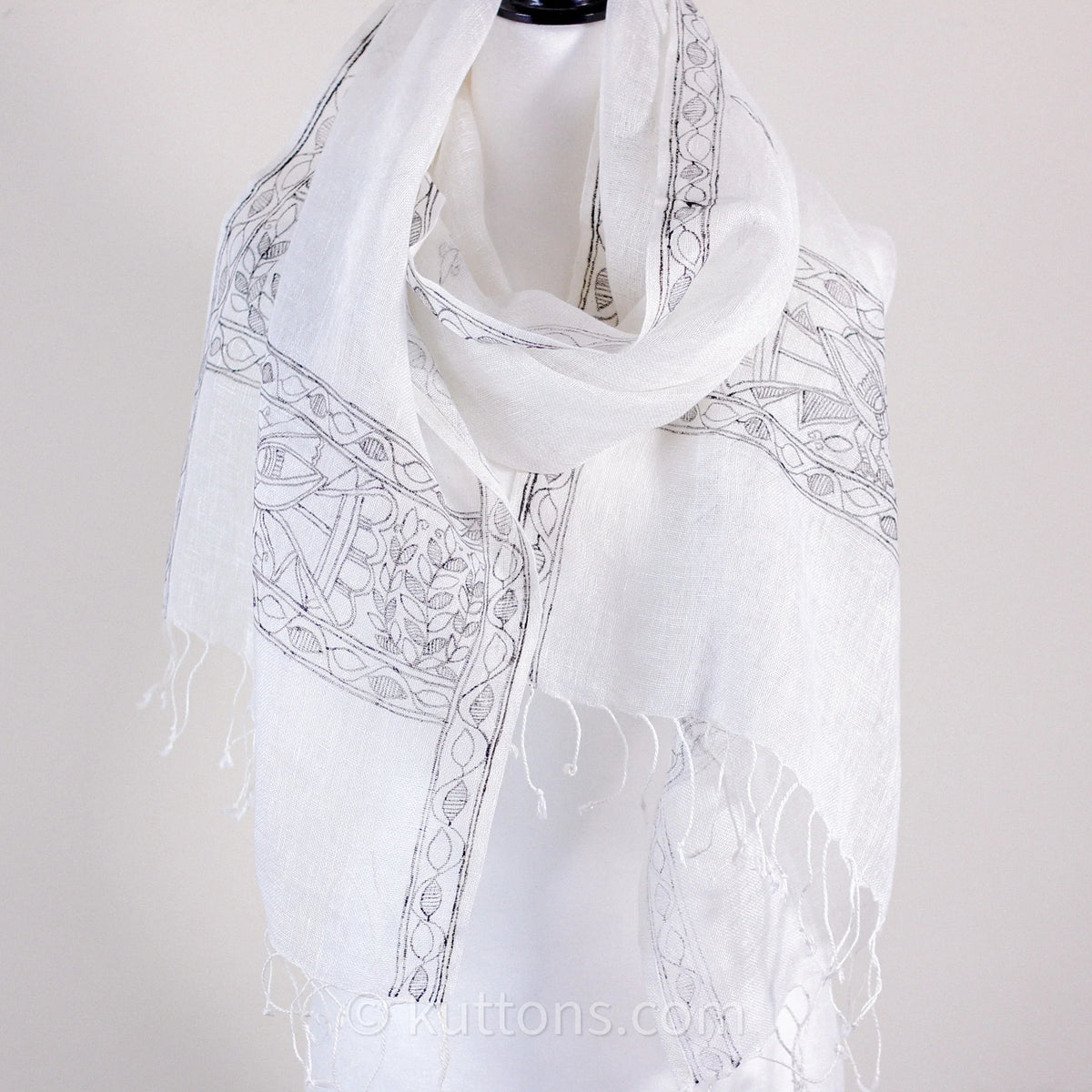 Ethnic Hand Painted Madhubani Scarf Linen Wrap White Black Peacock Motifs 20x80