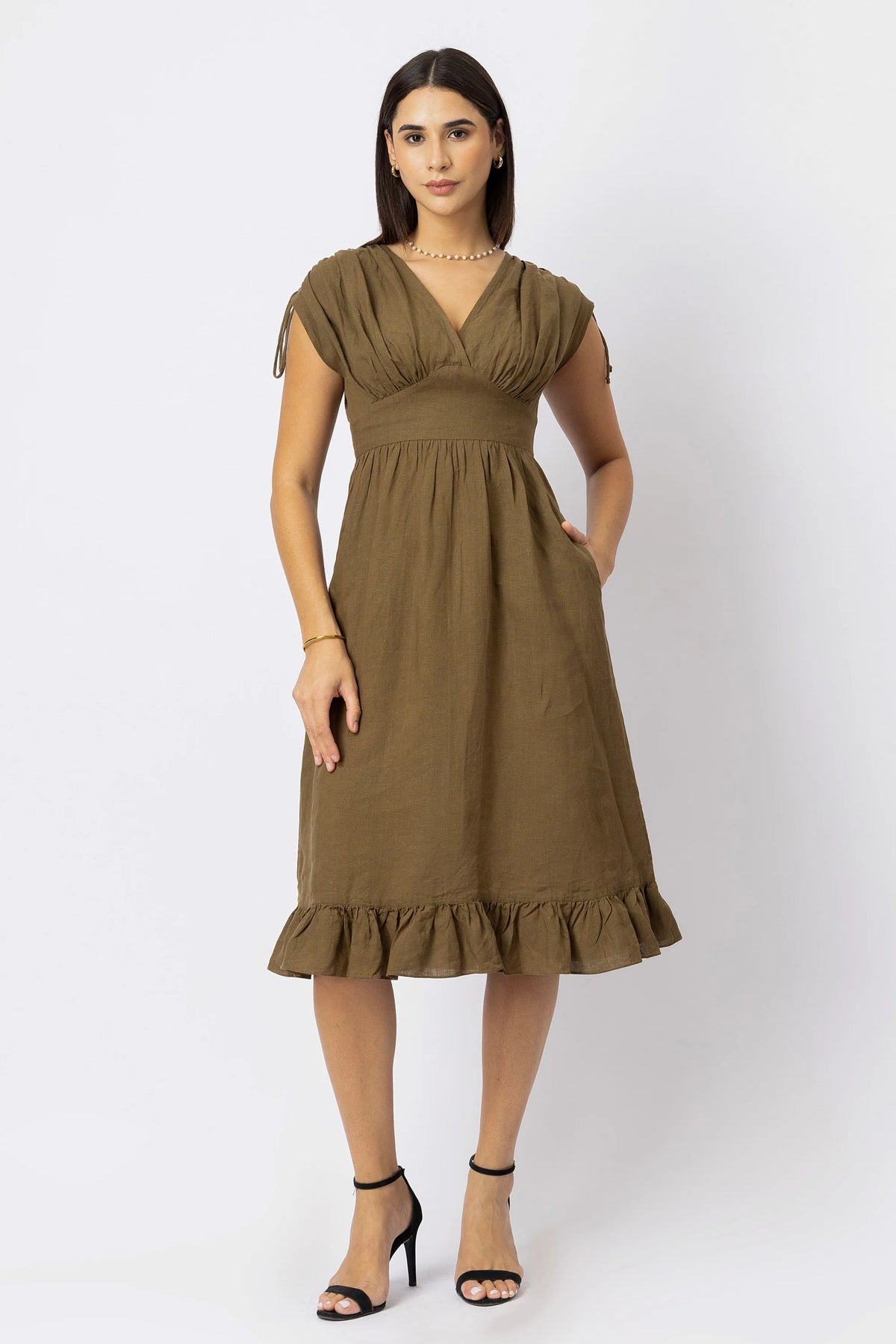 European Linen Midi Dress with Flattering Empire Waist amp Adjustable Ties