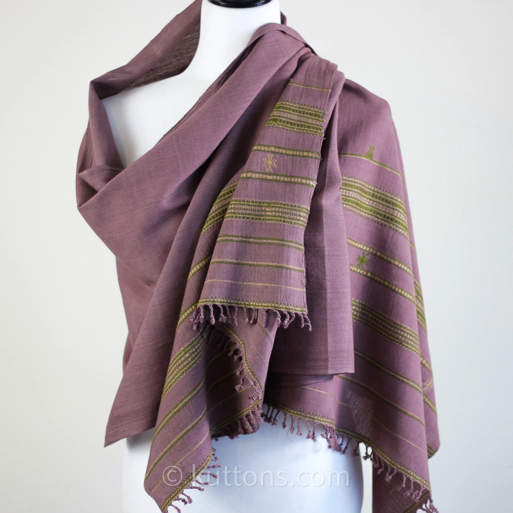 Handwoven Organic Kala Cotton Scarf Wrap with Tassels Antique Fuschia 22x74