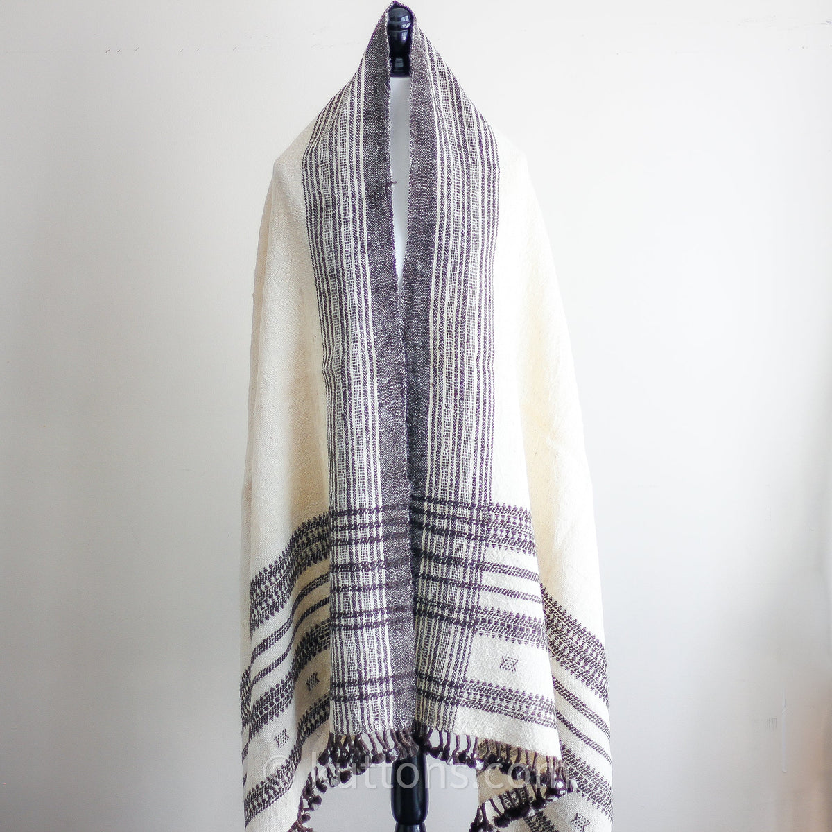 Nomadic Tribal Wrap Throw Handspun Handwoven Bhujodi Raw Wool Shawl Cream 36x84