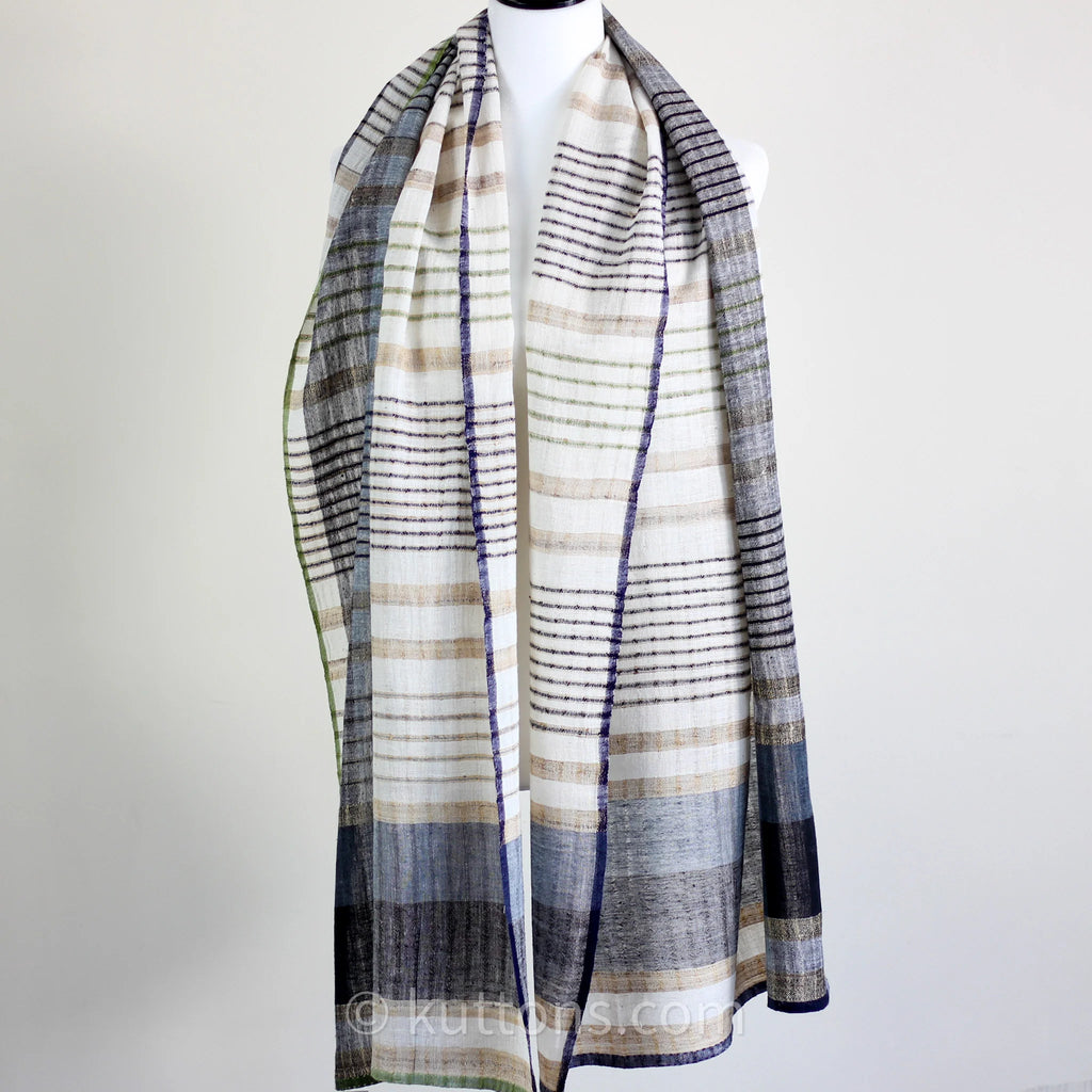 Handspun Handwoven Organic Cotton Scarf Light Airy Stole Cream Blue 24x79