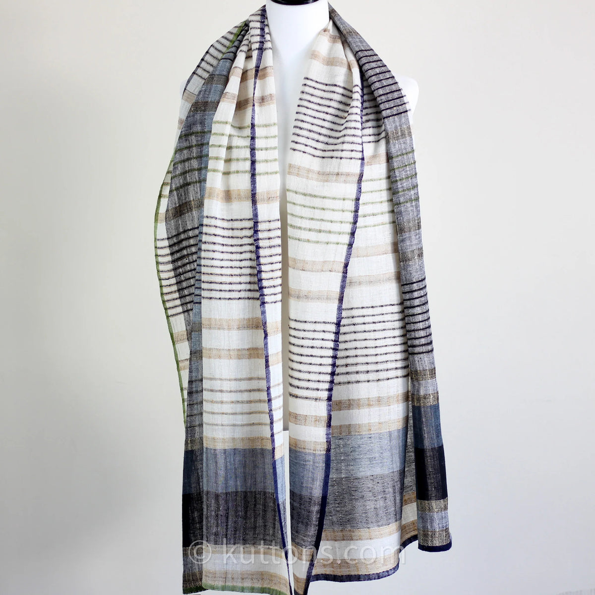Handspun Handwoven Organic Cotton Scarf Light Airy Stole Cream Blue 24x79