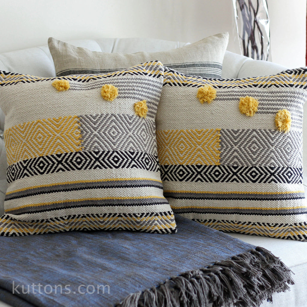 Handwoven Jute Cotton Boho Kilim Pillow Cover Sets Throw Pillows Cream Yellow Set of 2 Multiple Options 18x18