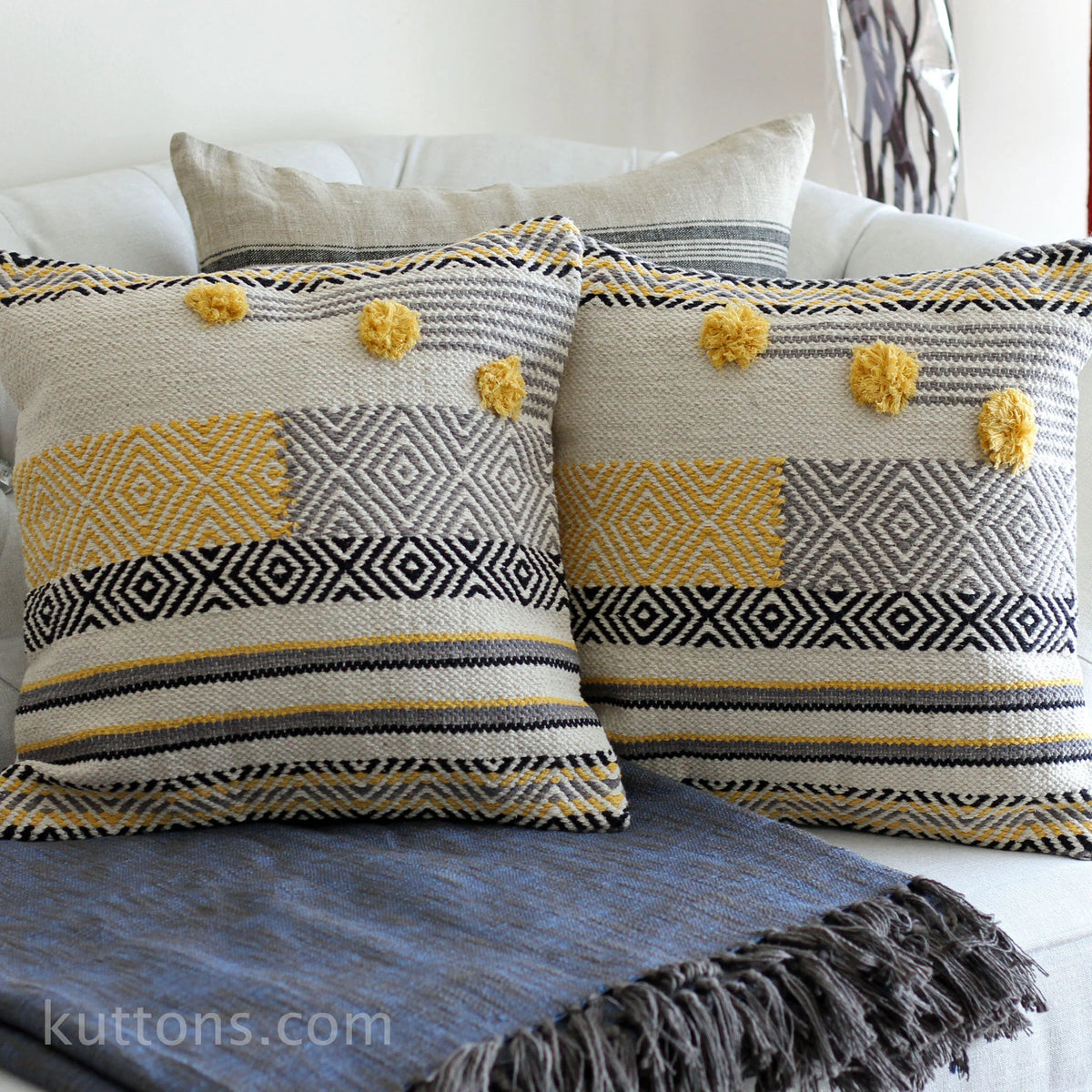 Handwoven Jute Cotton Boho Kilim Pillow Cover Sets Throw Pillows Cream Yellow Set of 2 Multiple Options 18x18