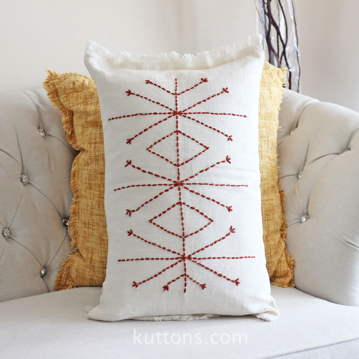 Hand Embroidered 100 Linen Gauze Pillow Cover Fringed Edges Handmade 16x24