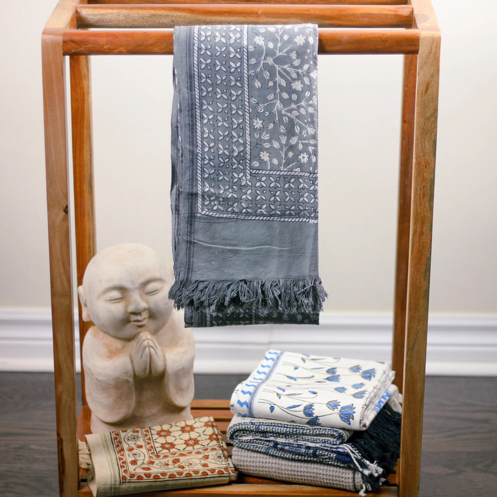Naturally Dyed Handwoven Hand Block Printed Decorative Cotton Towel Gray 28x62