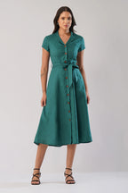 Tailored European Linen Midi Shirt Dress with Tie Waist