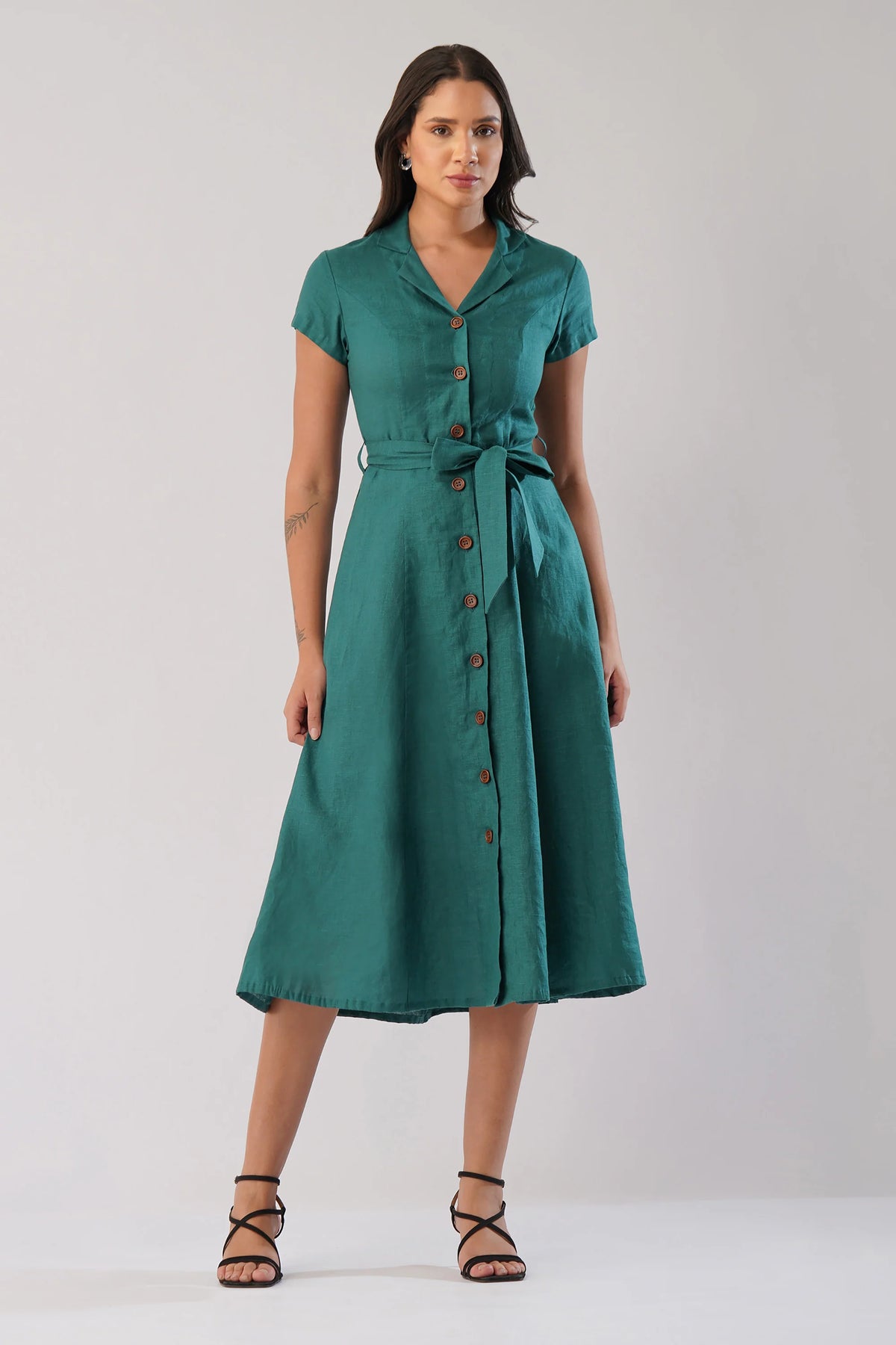 Tailored European Linen Midi Shirt Dress with Tie Waist