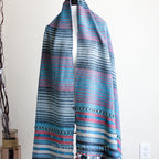 Handwoven Tussar Silk Merino Wool Shawl Long Tassels Striped Pattern Blue Pink 39x86