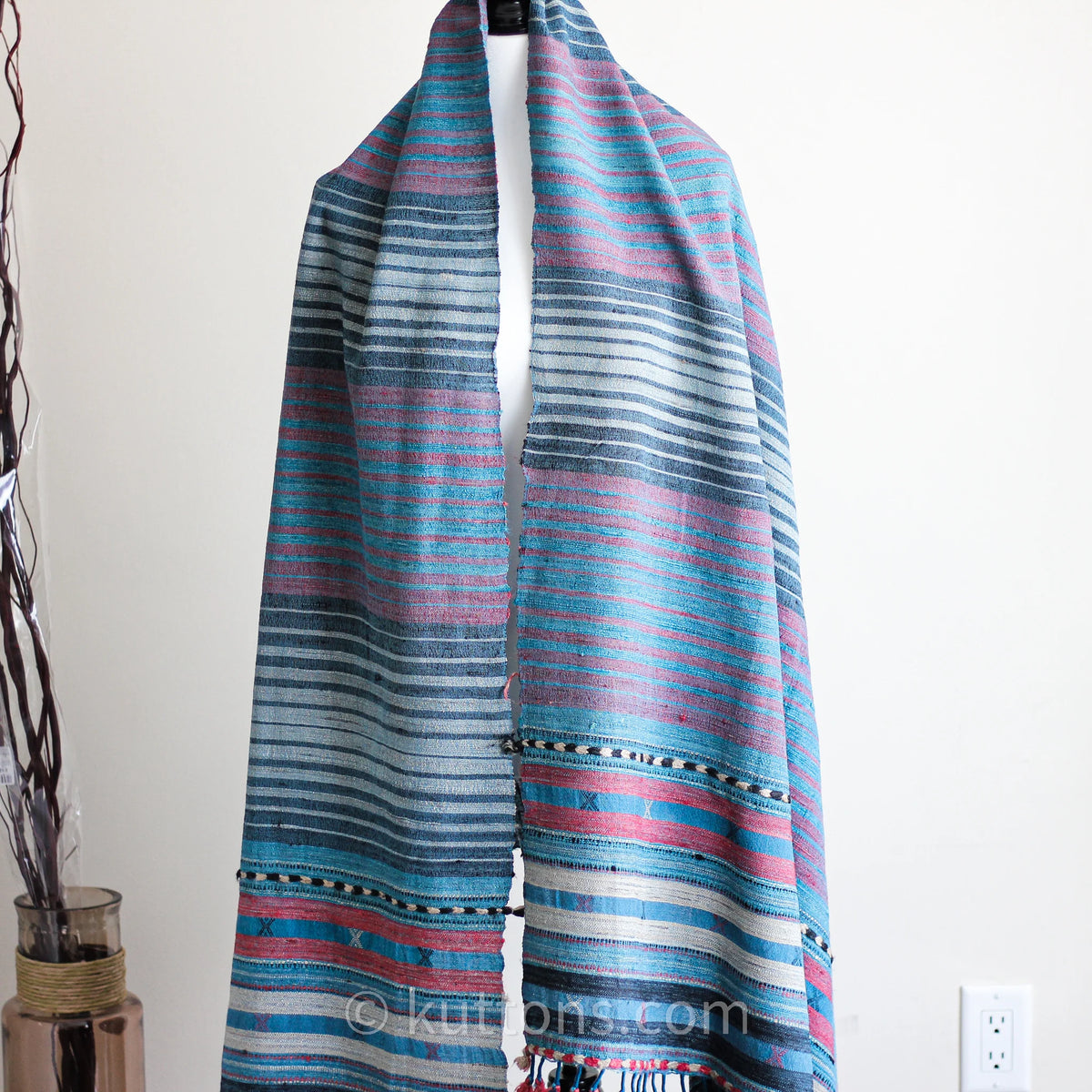 Handwoven Tussar Silk Merino Wool Shawl Long Tassels Striped Pattern Blue Pink 39x86
