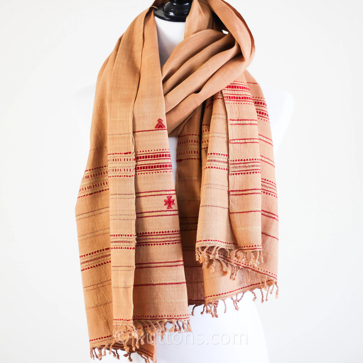 Organic Kala Cotton Scarf Handwoven Wrap with Tassels Brown 23x74