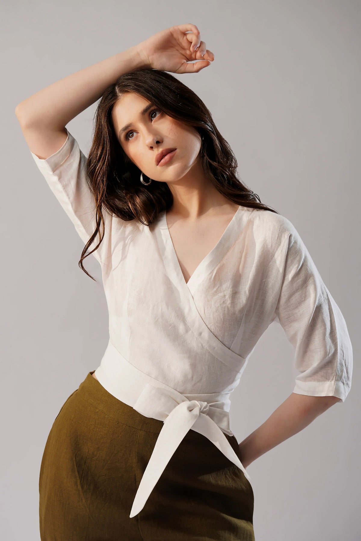 Linen Wrap Top Structured Wrap Linen Top with Tie Waist
