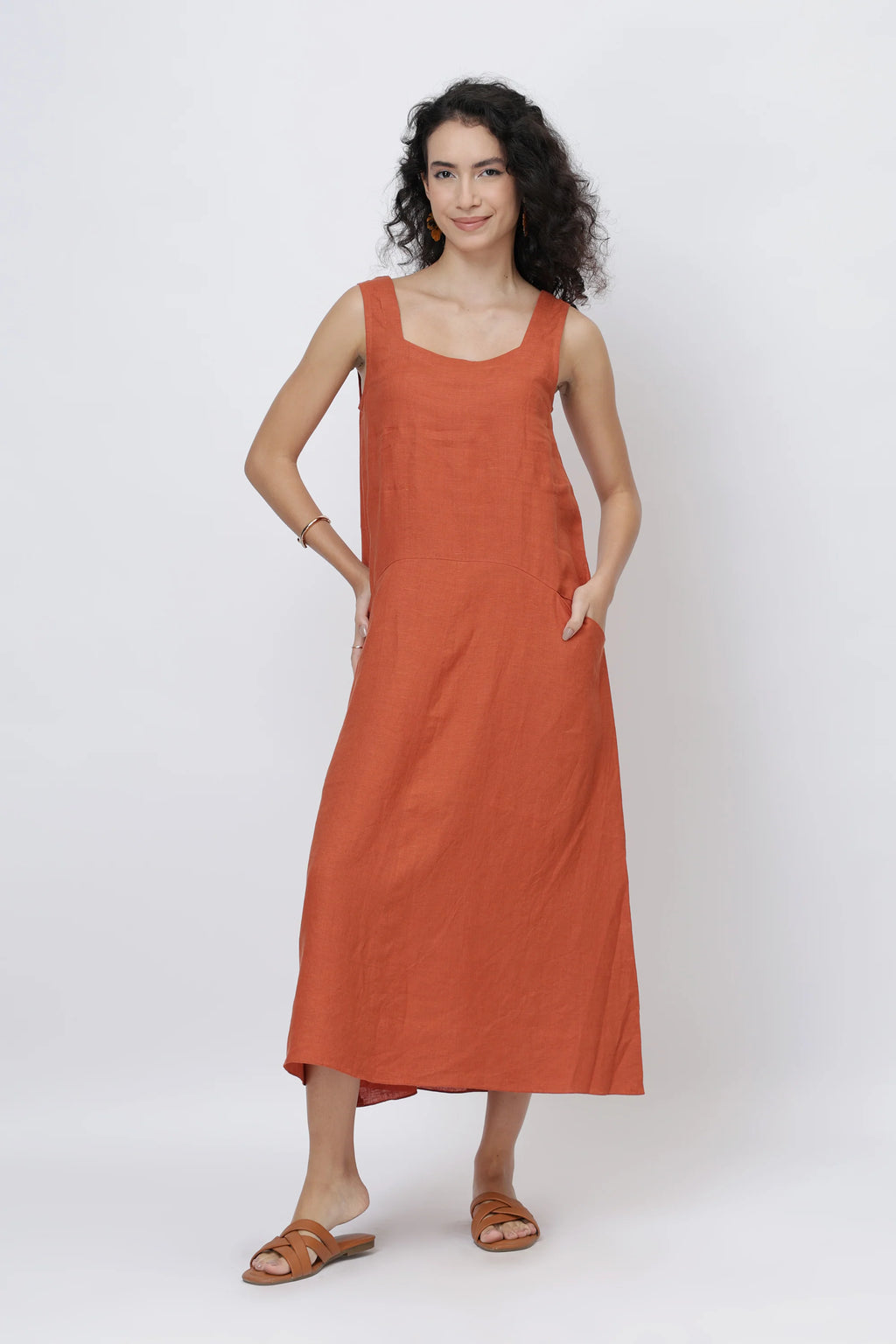 Sleeveless Scoop Neck European Linen Shift Dress