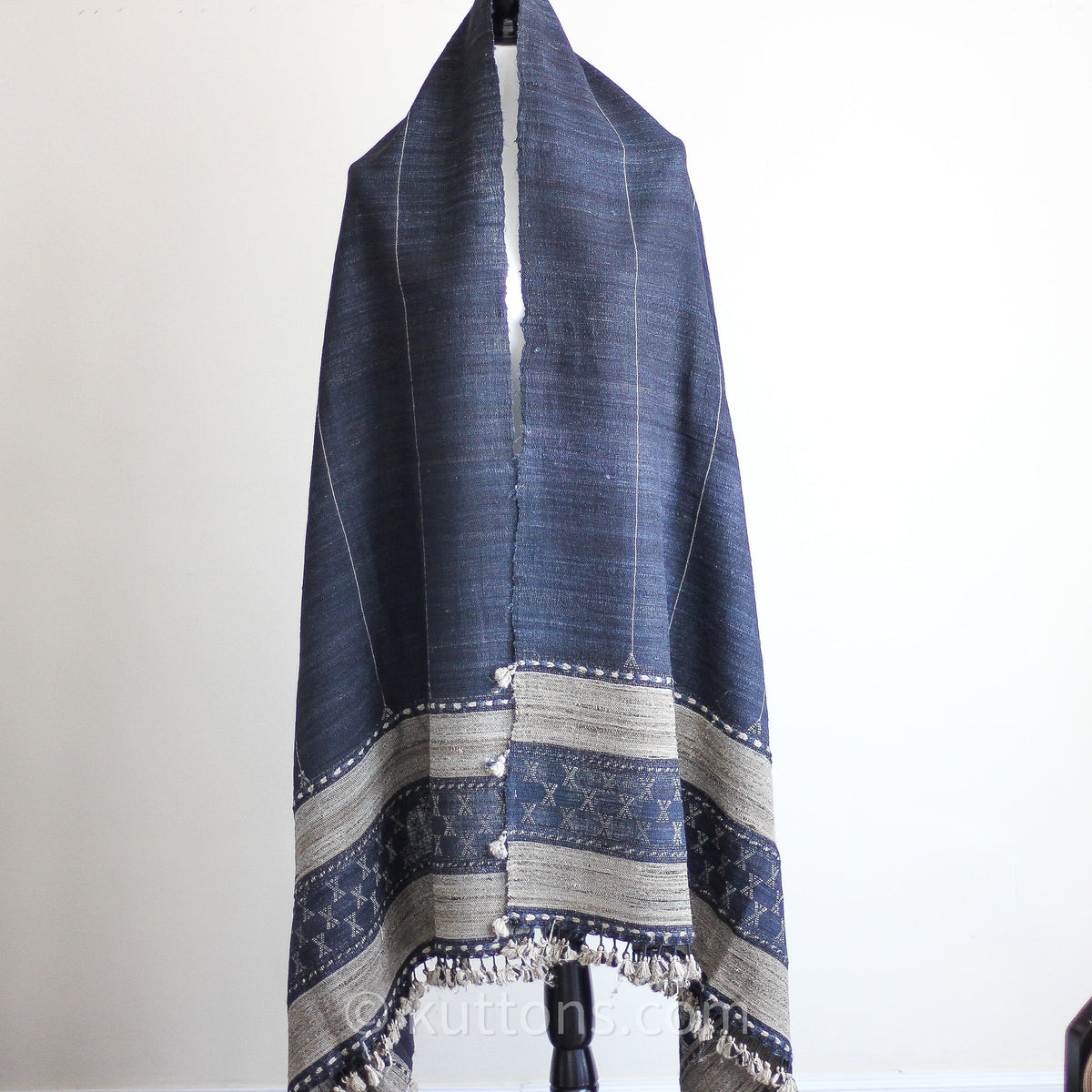 Handwoven Tussar Silk Merino Wool Shawl with Tassels Black Brown 38x86