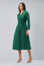 Wrap Linen Midi Dress with Collar Tie Waist Cross Over Waist Tailored Collar European Linen