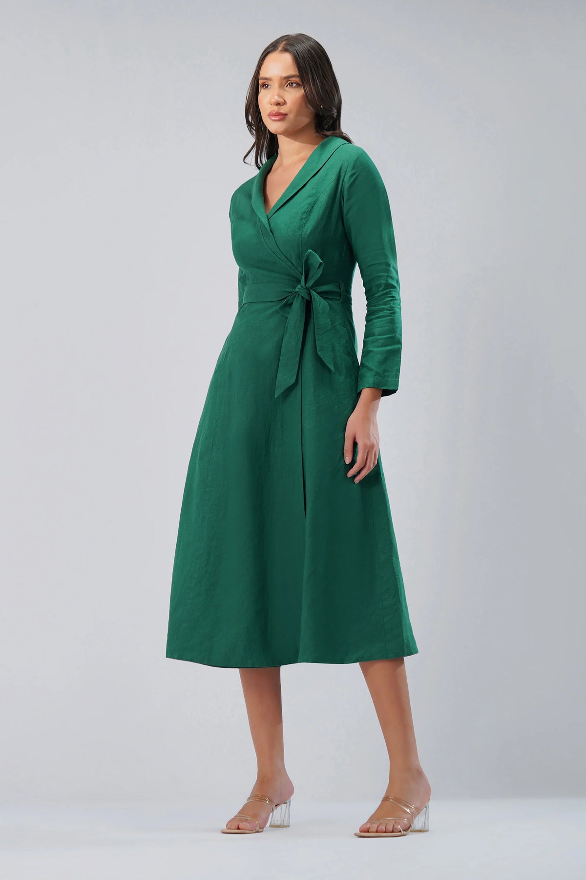 Wrap Linen Midi Dress with Collar Tie Waist Cross Over Waist Tailored Collar European Linen