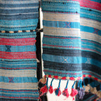 Handwoven Tussar Silk Merino Wool Shawl Long Tassels Striped Pattern Blue Pink 39x86