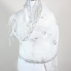 Ethnic Hand Painted Madhubani Scarf Linen Wrap White Black Peacock Motifs 20x80