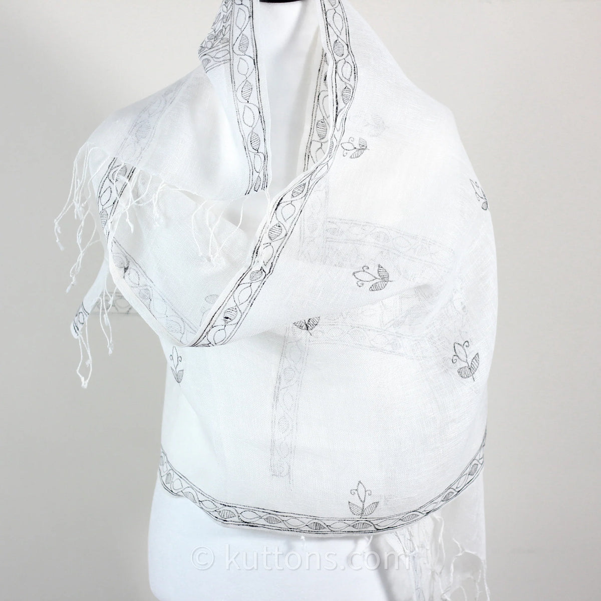Ethnic Hand Painted Madhubani Scarf Linen Wrap White Black Peacock Motifs 20x80