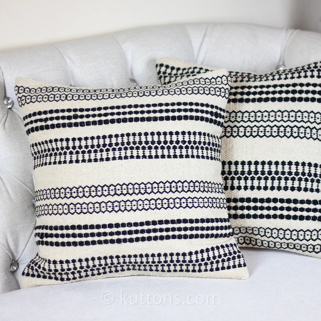 Handwoven Textured Cotton Bohemian Throw Pillow Cover White Black 18x18